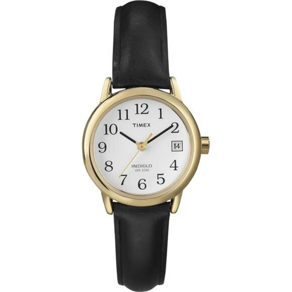 Womens Easy Reader Watch Gold Tone Case Leather Strap Light Up Dial Date - Picture 1 of 2